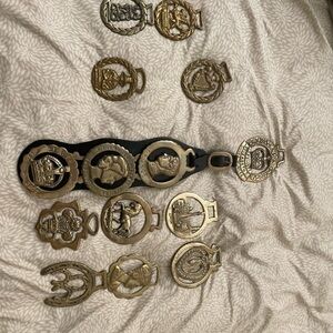 Vintage English Brass Horse Medallions on Leather Belt Elizabeth jubilee